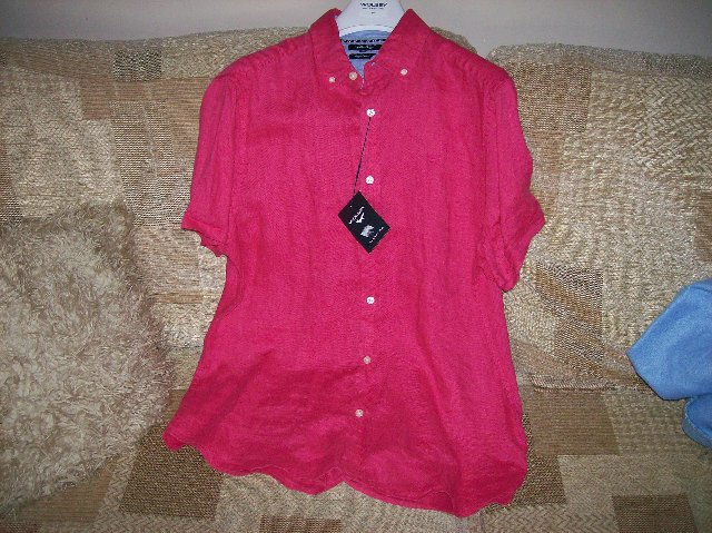 Preview of the first image of Wolsey Bold Pink Pure Linen Short Sleeve Shirt. Medium Size.