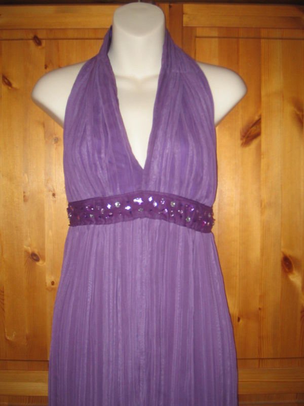 Preview of the first image of Purple Crepe & Satin Jewelled Dress UK10-12.