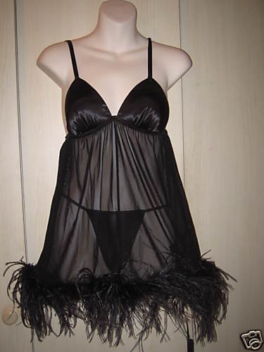 Preview of the first image of La Senza Black BabyDoll Teddy Marabou & Thong UK10 BNWT.