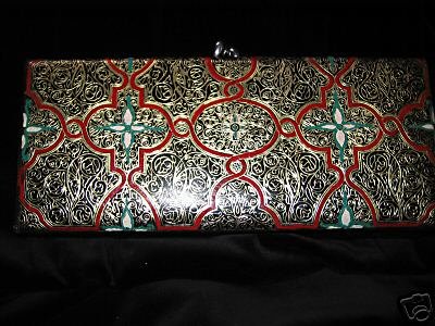 Preview of the first image of Vintage Handpainted Black Red,White Gold & Green Clutch Bag.