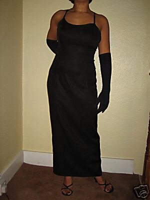 Preview of the first image of Superb Black Crepe Dress UK12 with Black Lycra Gloves UNWORN.