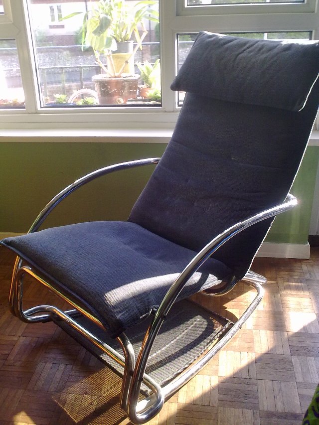 Preview of the first image of Unusual 60's chrome and blue rocking chair/lounger.