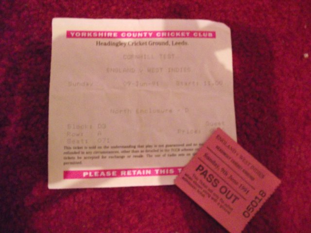 Preview of the first image of 1991 test match headingley ticket and pass out stub.