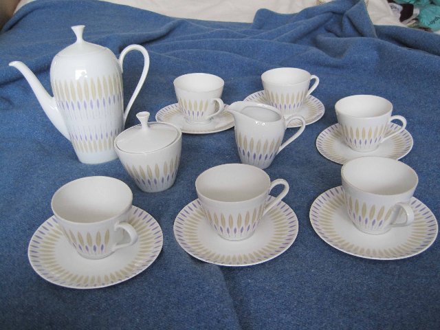 Preview of the first image of Coffee set in Fawn + light blue on white.