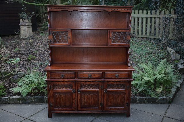 Preview of the first image of OLD CHARM WOOD BROS TUDOR BROWN DISPLAY DRESSER SIDEBOARD.
