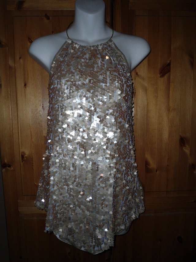 Preview of the first image of Brand New Gold Sequinned Unusual Halter Top UK10 -12.