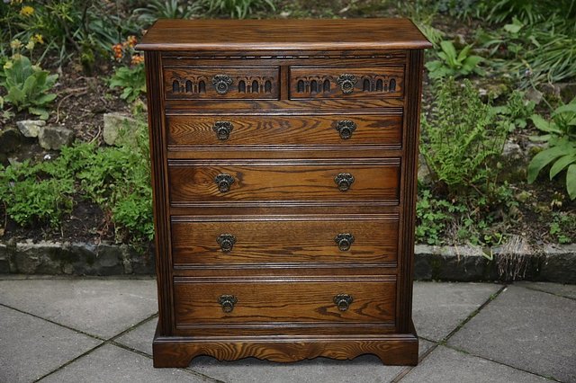 Image 2 of OLD CHARM WOOD BROS LIGHT OAK TALL CHEST OF DRAWERS.