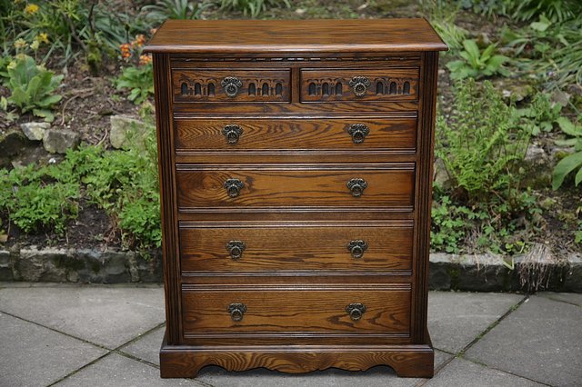 Image 7 of OLD CHARM WOOD BROS LIGHT OAK TALL CHEST OF DRAWERS.
