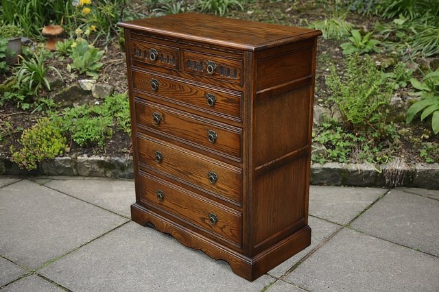 Image 8 of OLD CHARM WOOD BROS LIGHT OAK TALL CHEST OF DRAWERS.