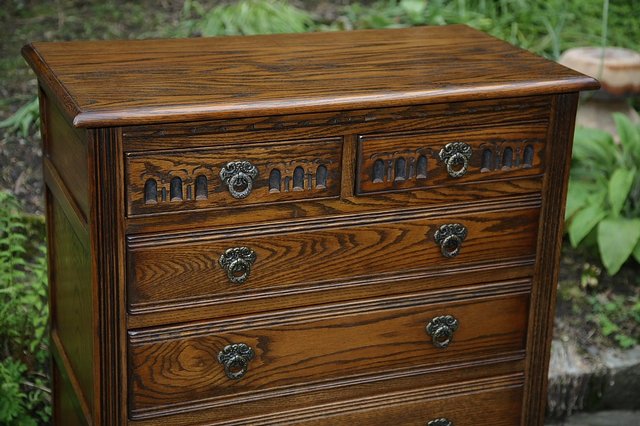 Image 9 of OLD CHARM WOOD BROS LIGHT OAK TALL CHEST OF DRAWERS.