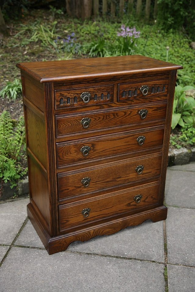 Image 11 of OLD CHARM WOOD BROS LIGHT OAK TALL CHEST OF DRAWERS.