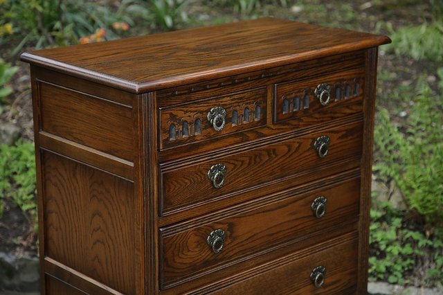 Image 13 of OLD CHARM WOOD BROS LIGHT OAK TALL CHEST OF DRAWERS.