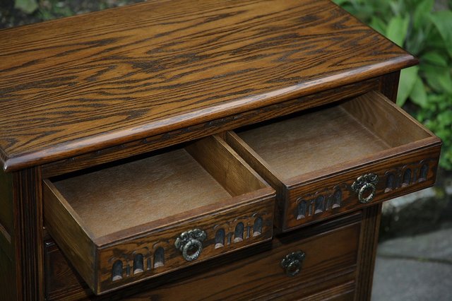 Image 16 of OLD CHARM WOOD BROS LIGHT OAK TALL CHEST OF DRAWERS.