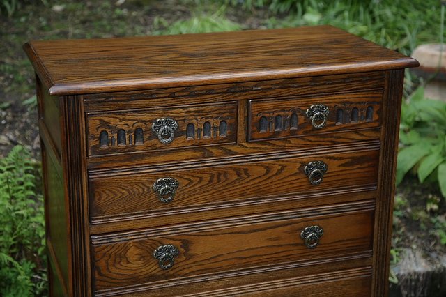 Image 18 of OLD CHARM WOOD BROS LIGHT OAK TALL CHEST OF DRAWERS.