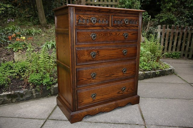 Image 20 of OLD CHARM WOOD BROS LIGHT OAK TALL CHEST OF DRAWERS.