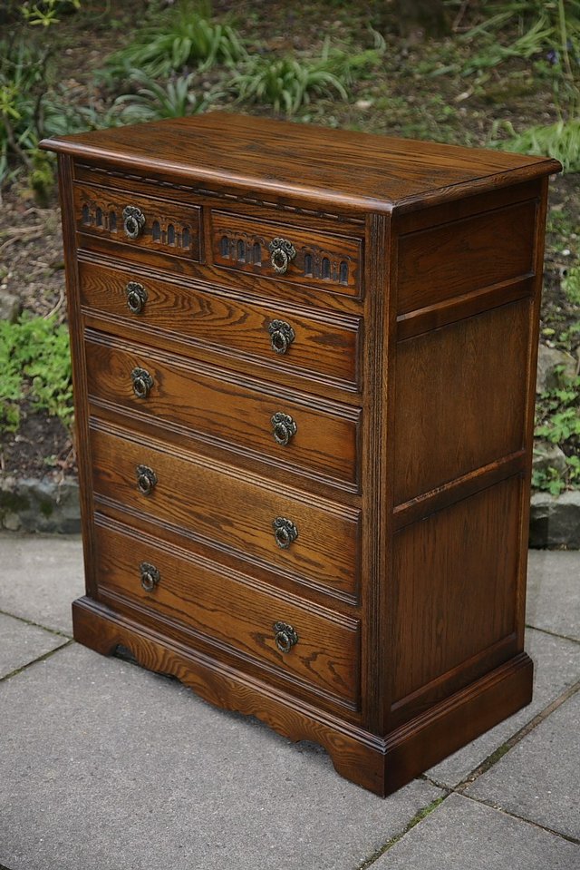 Image 22 of OLD CHARM WOOD BROS LIGHT OAK TALL CHEST OF DRAWERS.