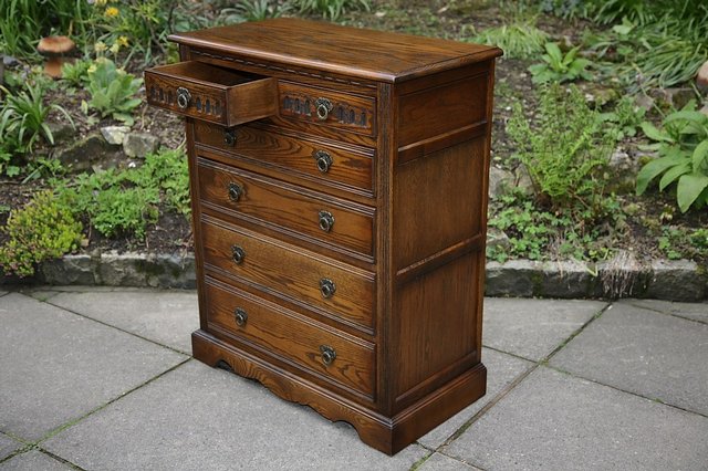Image 23 of OLD CHARM WOOD BROS LIGHT OAK TALL CHEST OF DRAWERS.