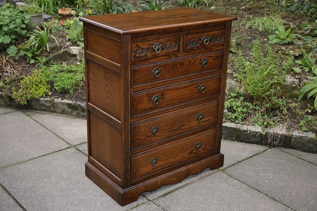 Image 25 of OLD CHARM WOOD BROS LIGHT OAK TALL CHEST OF DRAWERS.
