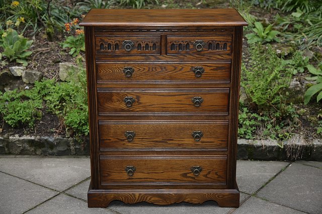 Image 26 of OLD CHARM WOOD BROS LIGHT OAK TALL CHEST OF DRAWERS.