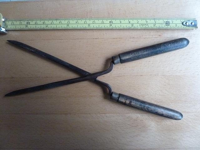 Preview of the first image of VINTAGE HAIR CURLING TONGS/IRONS, WOODEN HANDLES.