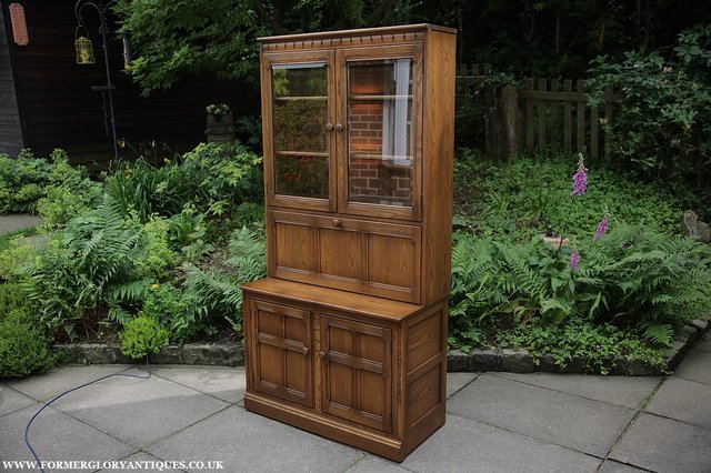 Image 27 of ERCOL GOLDEN DAWN DRINKS DISPLAY CABINET BOOKCASE CUPBOARD.