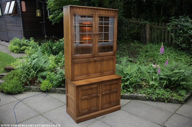 Image 34 of ERCOL GOLDEN DAWN DRINKS DISPLAY CABINET BOOKCASE CUPBOARD.