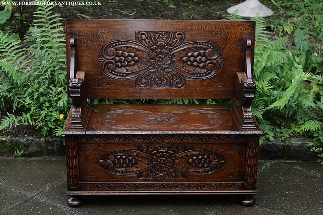 Preview of the first image of CARVED OAK MONKS BENCH SETTLE HALL SEAT TABLE ARMCHAIR PEW.