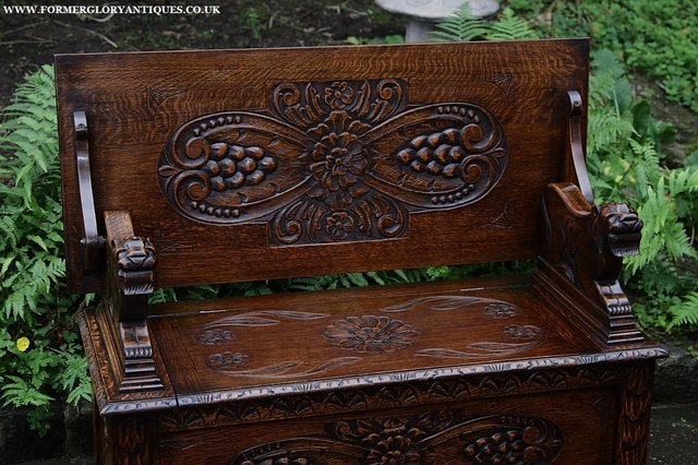 Image 2 of CARVED OAK MONKS BENCH SETTLE HALL SEAT TABLE ARMCHAIR PEW