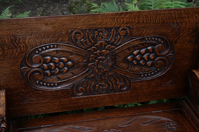 Image 12 of CARVED OAK MONKS BENCH SETTLE HALL SEAT TABLE ARMCHAIR PEW