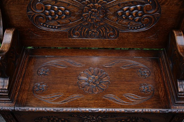 Image 19 of CARVED OAK MONKS BENCH SETTLE HALL SEAT TABLE ARMCHAIR PEW