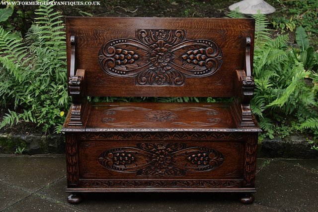Image 40 of CARVED OAK MONKS BENCH SETTLE HALL SEAT TABLE ARMCHAIR PEW