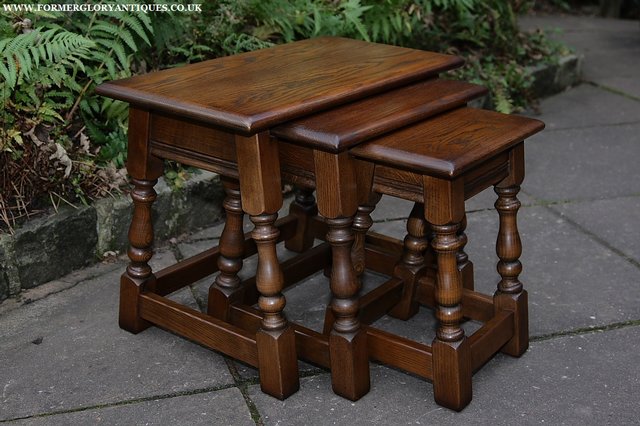 Preview of the first image of OLD CHARM NEST OF 3 LIGHT OAK COFFEE SIDE END TEA TABLES.
