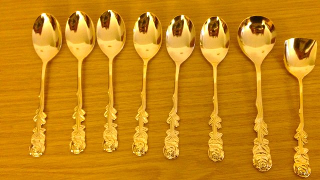 Preview of the first image of 6 NEW GOLD PLATED ST/ ST TEASPOONS WITH JAM & SUGAR SPOON.