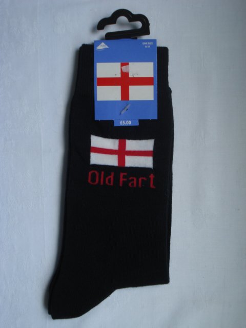 Preview of the first image of NEW PAIR OF MENS NOVELTY SOCKS FLAG OF ENGLAND + OLD FART.
