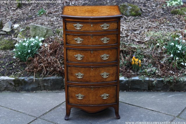 Preview of the first image of BURR WALNUT MAHOGANY CHEST OF DRAWERS BEDSIDE COFFEE TABLE.