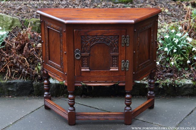 Preview of the first image of OLD CHARM OAK CABINET CANTED HALL TABLE CUPBOARD SIDEBOARD.