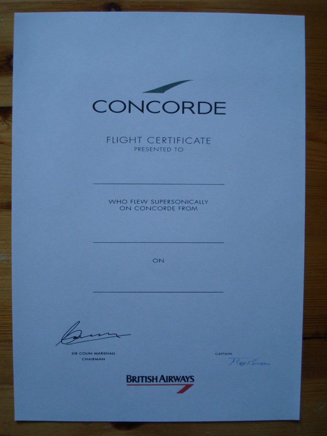 Preview of the first image of SIGNED COPY OF BLANK CONCORDE SUPERSONIC FLIGHT CERTIFICATE.