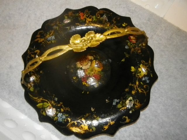 Preview of the first image of Victorian papiere mashe bowl with mother of pearl decoration.