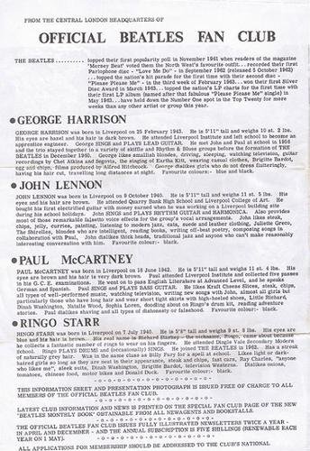 Preview of the first image of Beatles Original Fan Club Information Sheet.