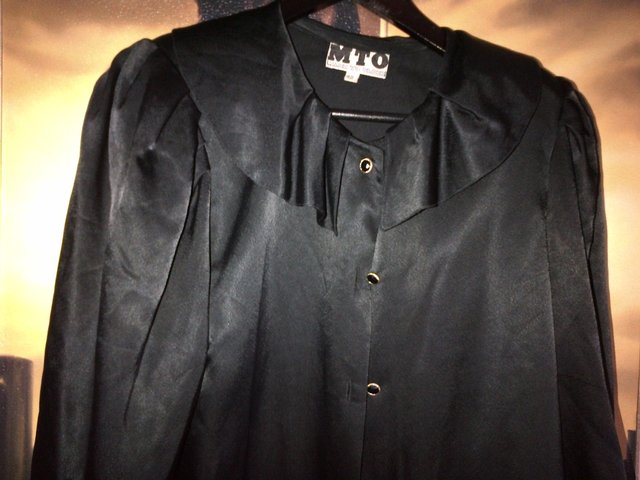 Preview of the first image of Silk black shirt top blouse  UK size 42 or S with ruffles.