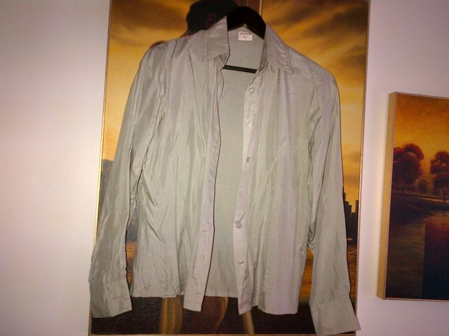 Preview of the first image of Light grey silk shirt blouse top UK size 12.