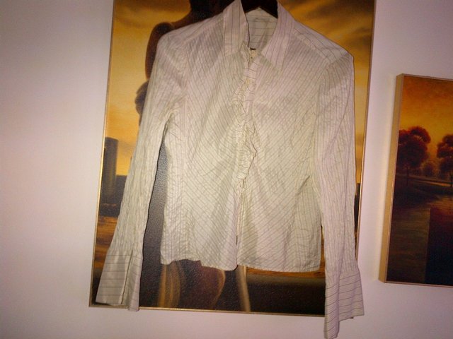 Preview of the first image of Noa Noa beige silk grey strips shirt top blouse size M.