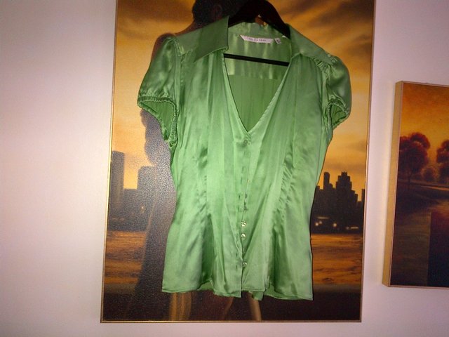 Preview of the first image of Zara 100%  silk green shirt top blouse  UK size L.