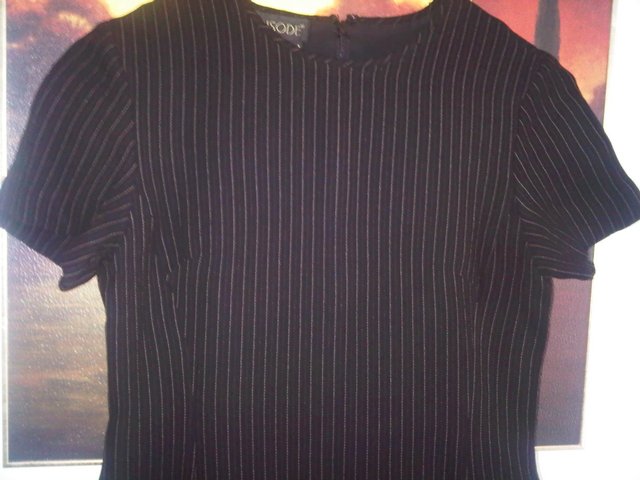 Preview of the first image of Episode black gold pinstripe shift  dress lined size 4- 6.