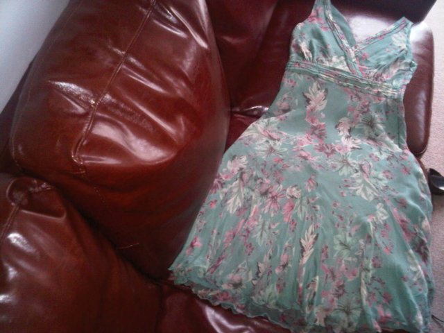 Preview of the first image of Monsoon green pink beige flowers silk dress lined UK size 10.