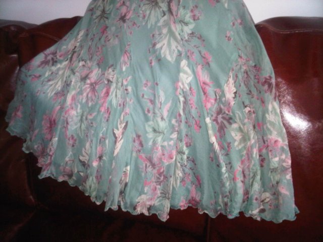 Image 2 of Monsoon green pink beige flowers silk dress lined UK size 10