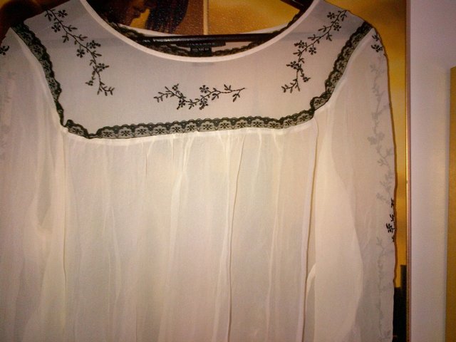 Preview of the first image of Silkland silk white top blouse black embroideries Size M.