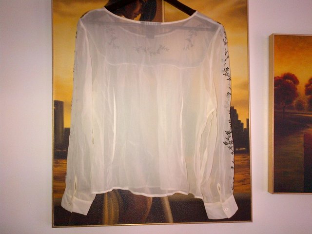 Image 2 of Silkland silk white top blouse black embroideries Size M