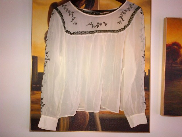 Image 3 of Silkland silk white top blouse black embroideries Size M