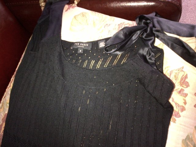 Preview of the first image of Ted Baker black knit top blouse vest UK size 2 or 8-10 silk.
